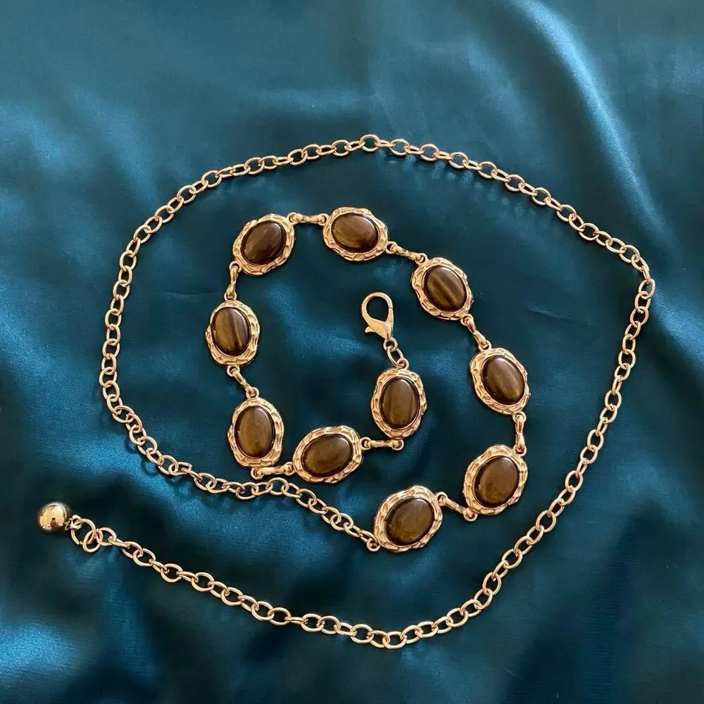 Gold Tiger Eye Faux Stone Western Boho Chain Belt, Fits 16-38 Inches, X7GA1412